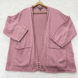 Eileen Fisher Cardigan Sweater Womens LP Pink Linen Cotton Open Front Pockets
